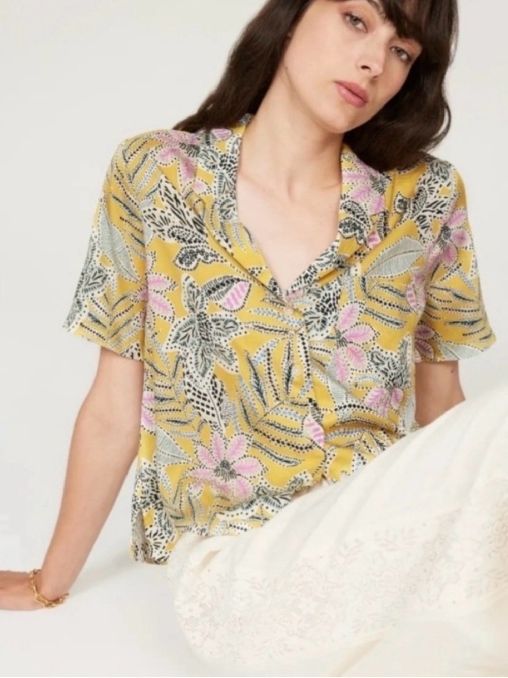 Marine Layer Yellow Tropical Floral Lucy Resort Shirt, medium